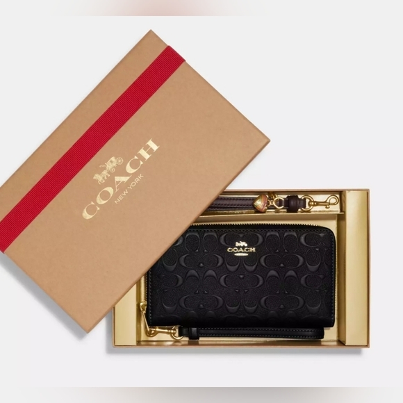 Coach Boxed Black Gold Signature Embossed Long Zip Around Wallet Gift Holidays - Picture 1 of 13